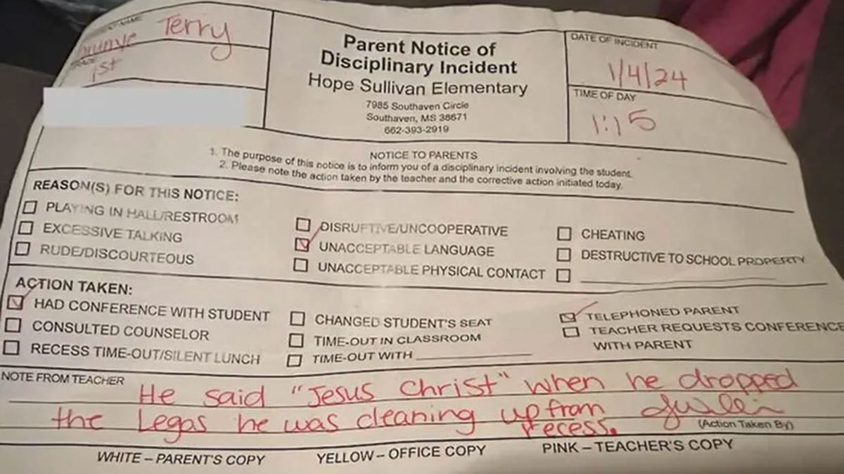 First grader writeup for saying 'Jesus Christ'