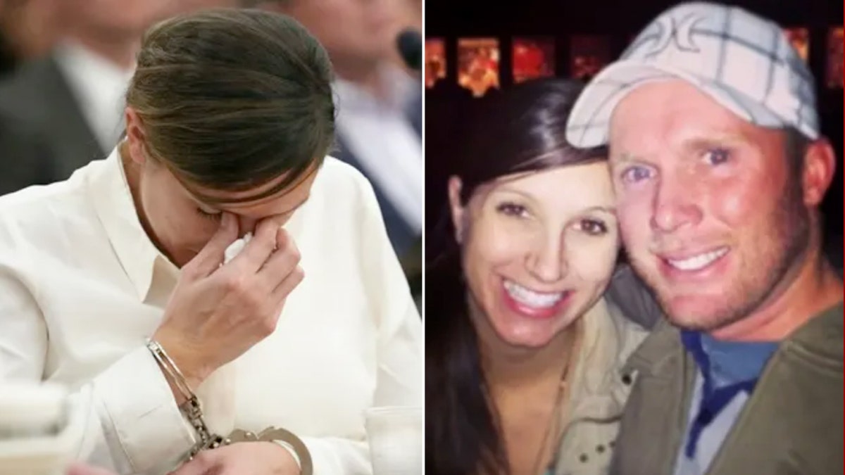 A split image of Kouri Richins crying in court and a photo of Kouri Richins and her husband Eric together