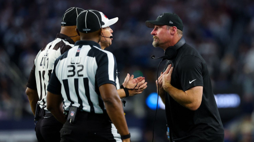 Dec 30, 2023; Arlington, Texas, USA;  Detroit Lions head coach Dan Campbell speaks to officials during the fourth quarter against the Dallas Cowboys at AT&T Stadium. Mandatory Credit: Kevin Jairaj-USA TODAY Sports