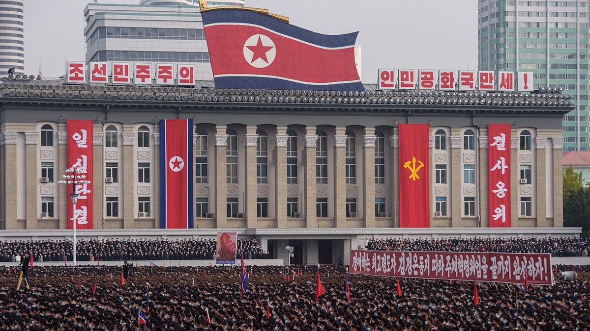 North Korean flag, people