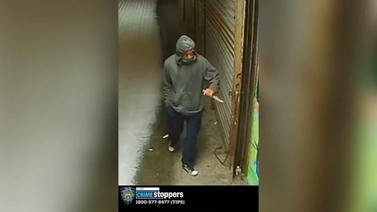The male suspect is pictured in a dark grey jacket, black pants, black shoes and a blue mask