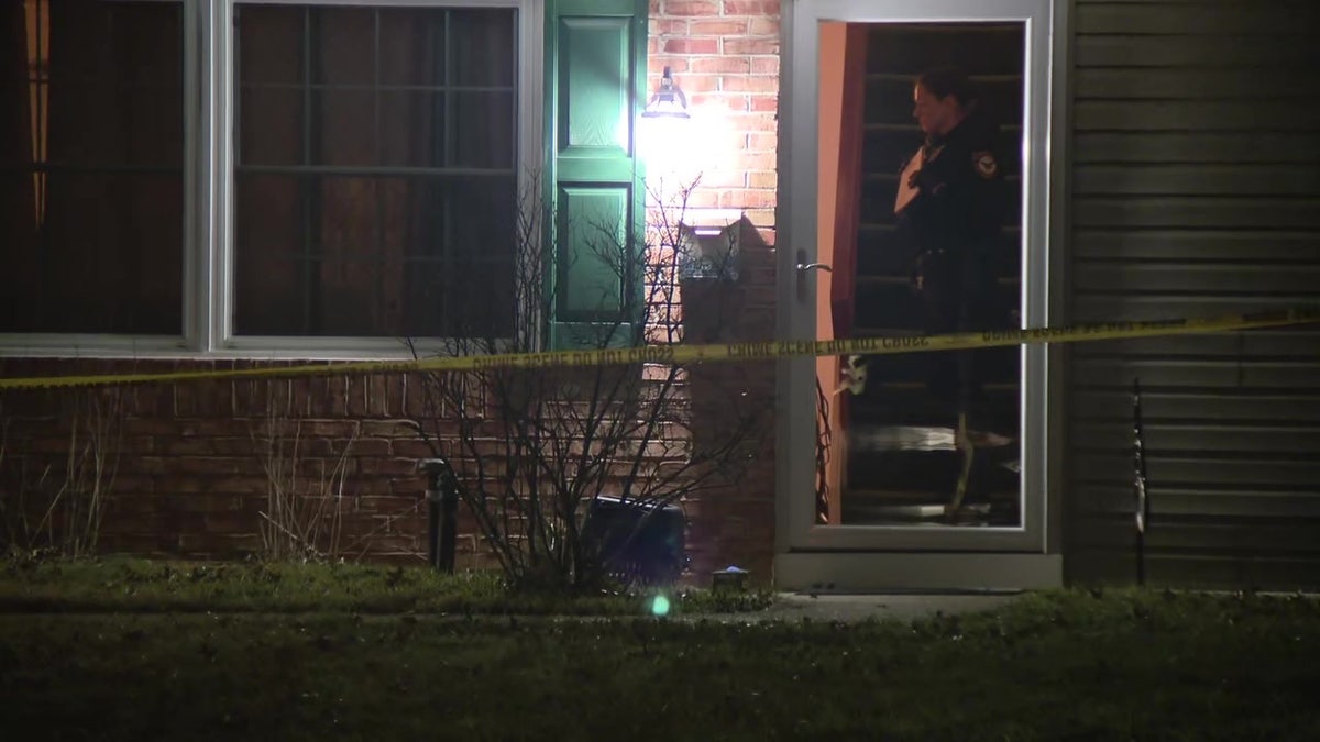A view of the front door of the home where a man was killed