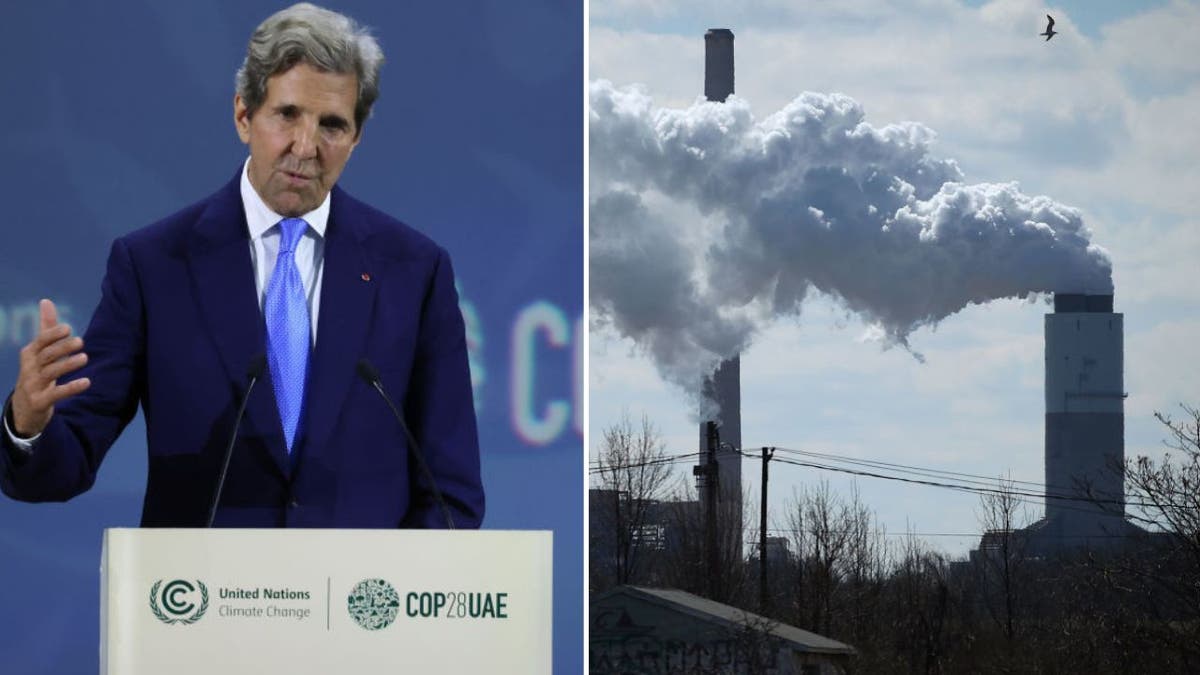 A collage of John Kerry and smoke from a coal power plant