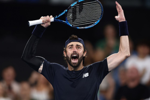 BRISBANE, AUSTRALIA - JANUARY 05: Jordan Thompson of Australia celebrates winning his match against Rafael Nadal of Spain during day six of the  2024 Brisbane International at Queensland Tennis Centre on January 05, 2024 in Brisbane, Australia. (Photo by Chris Hyde/Getty Images)