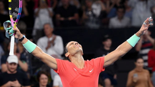 BRISBANE, AUSTRALIA - JANUARY 02: Rafael Nadal of Spain celebrates victory after his match against Dominic Thiem of Austria during day two of the  2024 Brisbane International at Queensland Tennis Centre on January 02, 2024 in Brisbane, Australia.  (Photo by Bradley Kanaris/Getty Images)