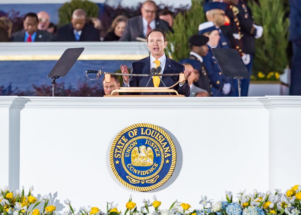 Jeff Landry is sworn in as Louisiana Governor on the steps of the State Capital in Baton Rouge La. Sunday, Jan. 7, 2024.