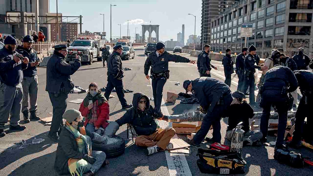 protesters on Brooklyn Bridge
