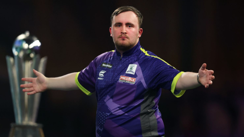 LONDON, ENGLAND - JANUARY 03: Luke Littler of England celebrates during the 2023/24 Paddy Power World Darts Championship Final between Luke Littler of England and Luke Humphries of England on Day Sixteen of the 2023/24 Paddy Power World Darts Championship at Alexandra Palace on January 03, 2024 in London, England. (Photo by Tom Dulat/Getty Images)