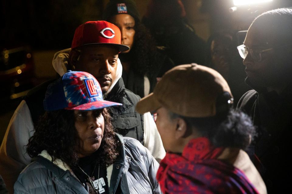 RowVaughn Wells, the mother of Tyre Nichols, speaks with Memphis Police Chief Cerelyn “C.J.” Davis and Mayor Paul Young during a candlelight vigil for Tyre Nichols held at the site where he was beaten to death by Memphis Police Department officers on the one year anniversary of his death in Memphis, Tenn., on Sunday, January 7, 2024.