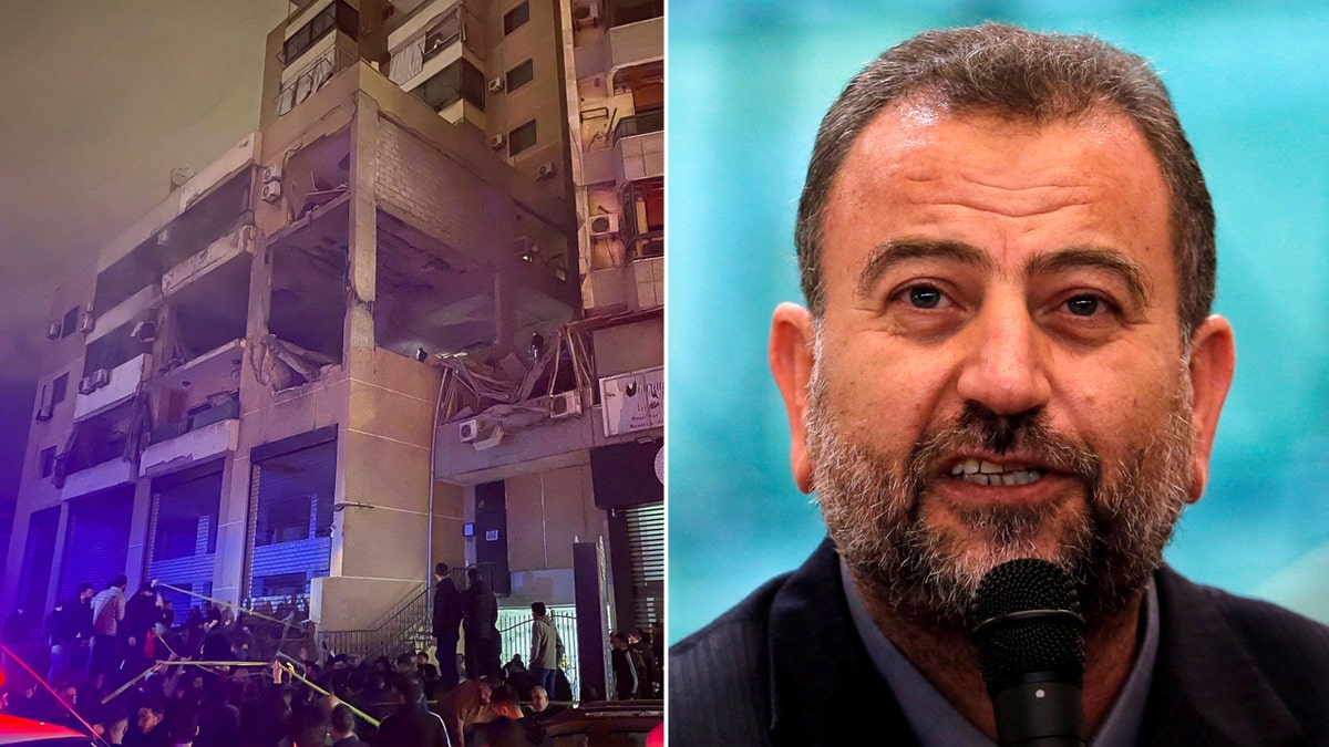 Top Hamas official Saleh Arouri seen in a split image with a Beirut explosion