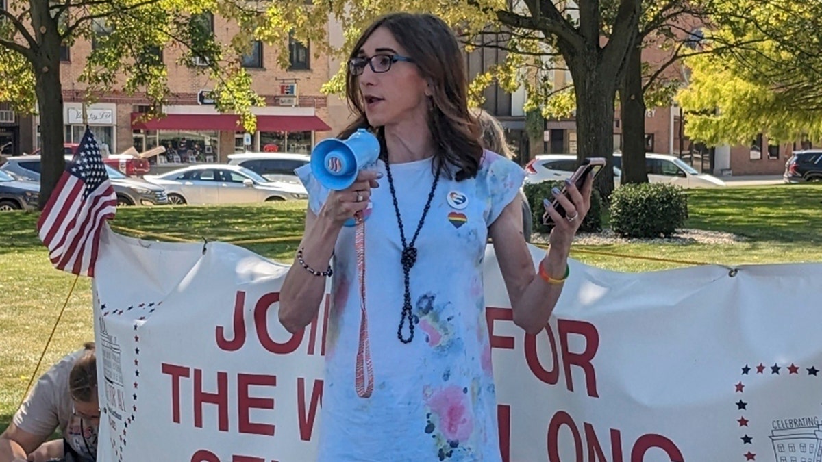 Adrienne Childrey speaks outside of the Mercer County Courthouse in Celina, Ohio