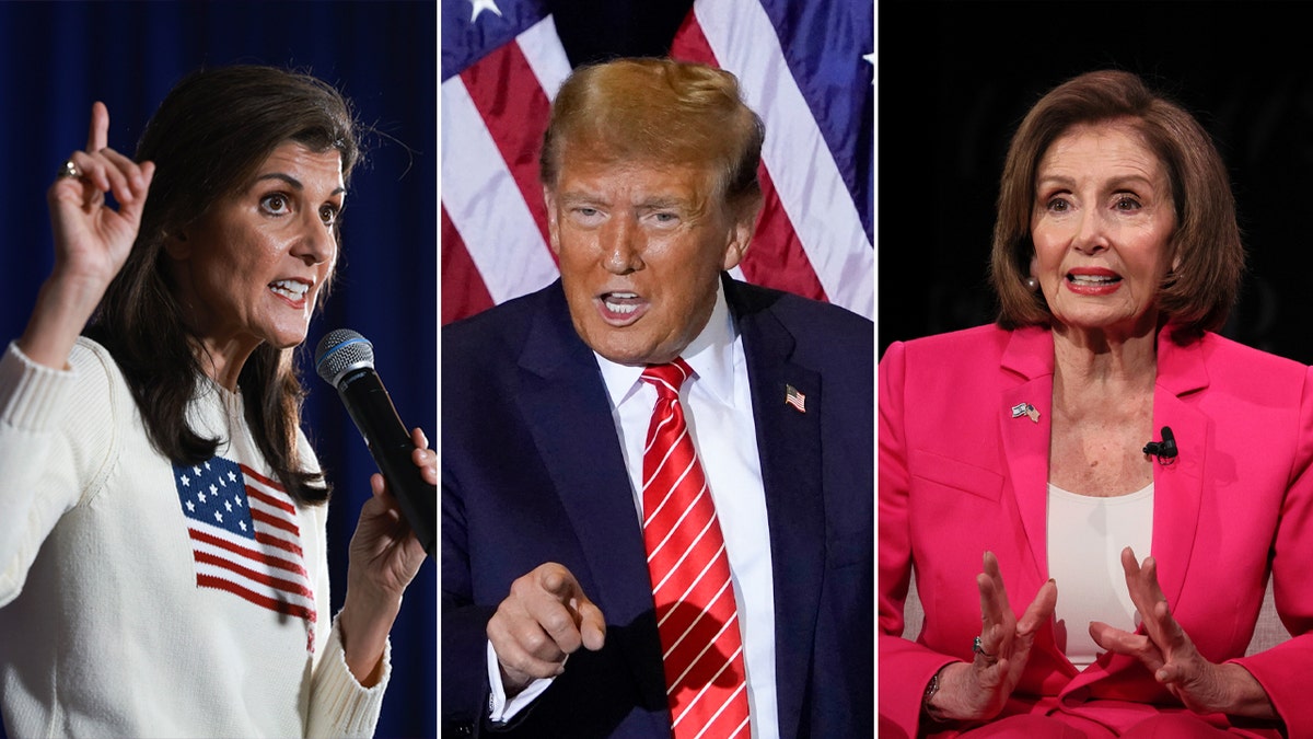 Nikki Haley, Donald Trump and Nancy Pelosi in a 3-way split image