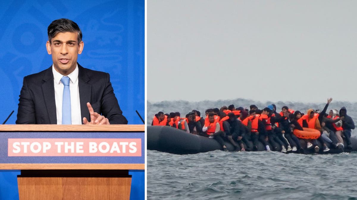 UK Prime Minister Rishi Sunak speaking, left, and a boat full of migrants, right