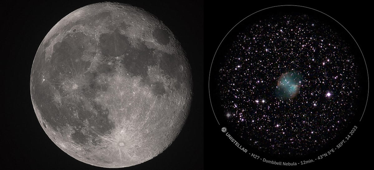 A pair of astrophotography images, one showing the full moon and the other the blue, butterfly-shaped Dumbbell Nebula against a field of stars