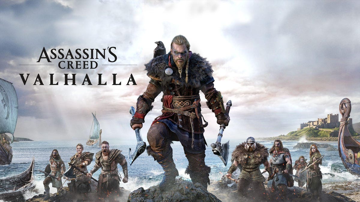 Assassin's Creed Valhalla title card showing a man holding two axes in front of other people