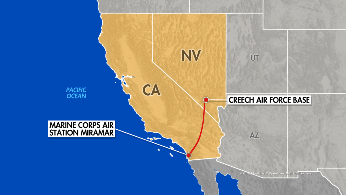 Map shows possible flight path from Creech Air Force Base in Indian Springs, Nevada, where a military helicopter took off for Marine Corps Air Station Miramar in San Diego