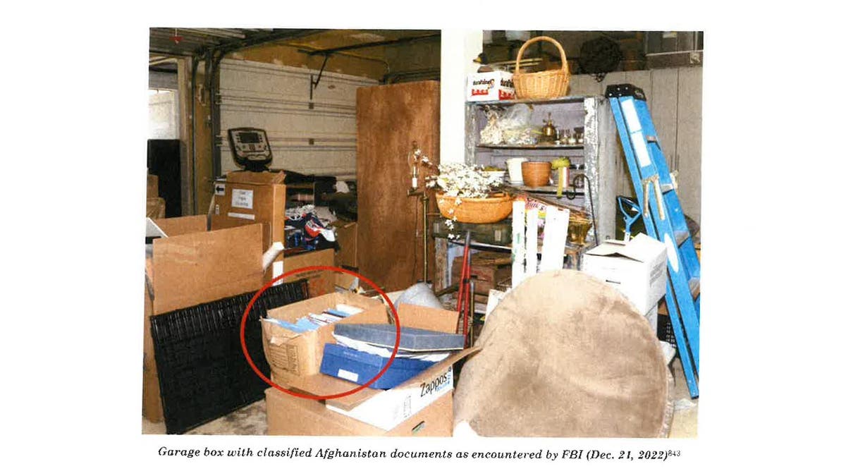 This image from Special Council Robert Hur’s investigation released by the Department of Justice on Thursday, February 8, 2024 shows boxes inside Joe Biden’s garage containing classified Afghanistan documents on December 21, 2022.