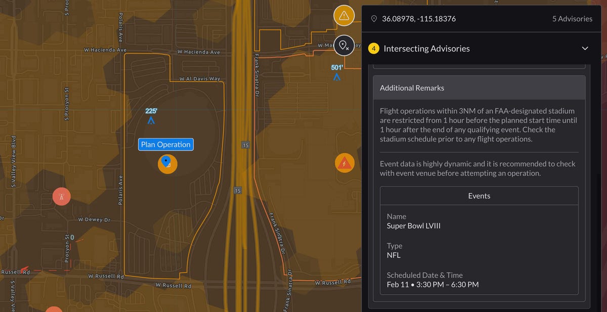 an online map showing the FAA's flight restriction over Super Bowl XVIII in Las Vegas
