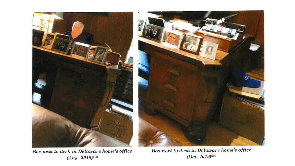 This image from Special Council Robert Hur’s investigation released by the Department of Justice on Thursday, February 8, 2024 shows boxes next to Joe Biden’s desk in his Delaware home office in 2019.