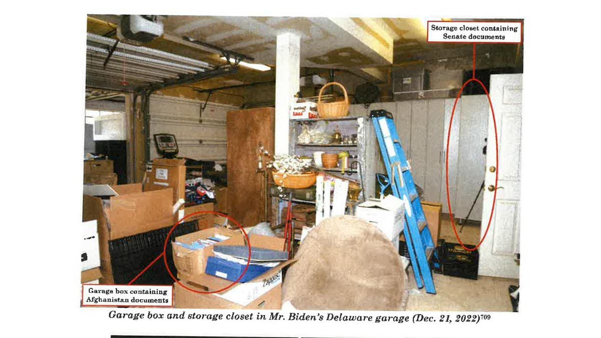 This image from Special Council Robert Hur’s investigation released by the Department of Justice on Thursday, February 8, 2024 shows Joe Biden’s garage storage closet in his Delaware home on December 21, 2022.