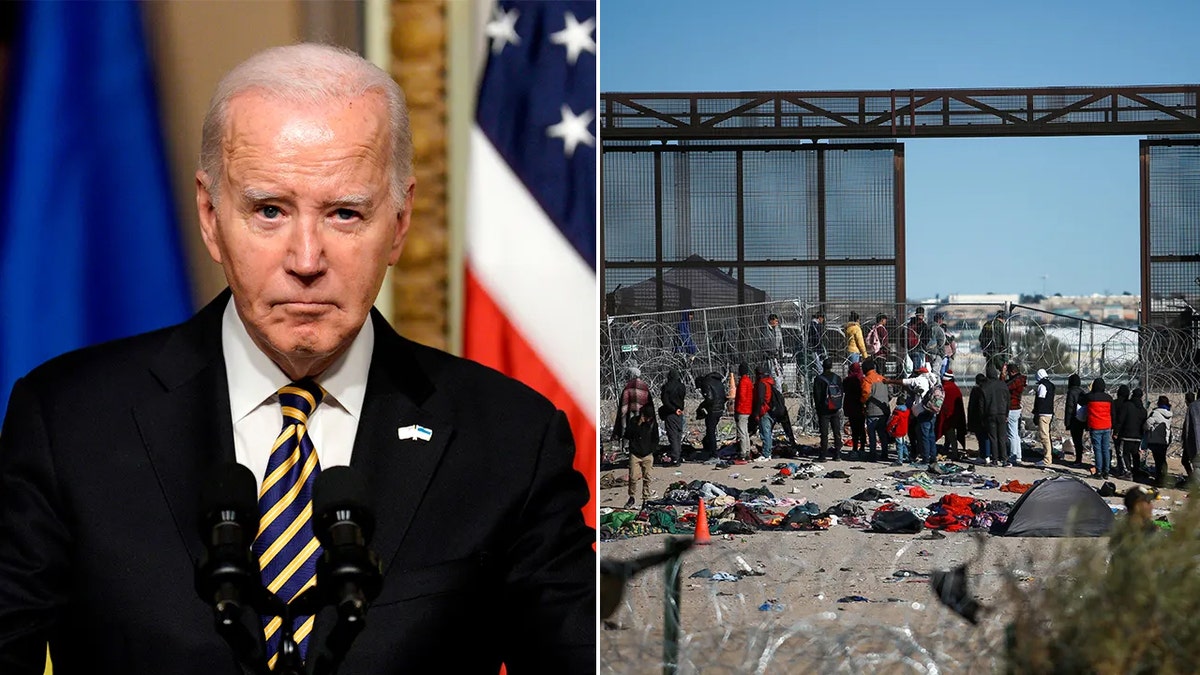 Joe Biden in black suit, yellow and blue striped tie, split with migrants at border, clothes on ground and tents