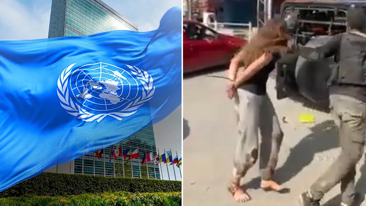Split image of a United Nations flag over United Nations builing, the back of a woman being taken by Hamas