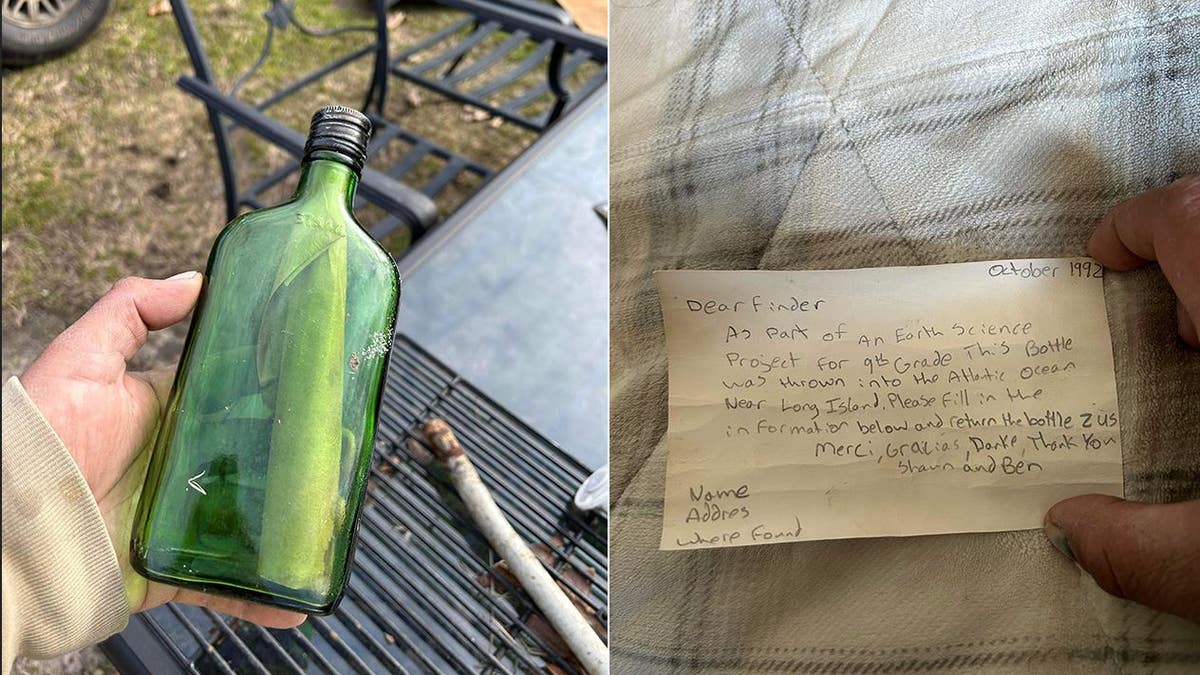 A split of the bottle and the letter inside