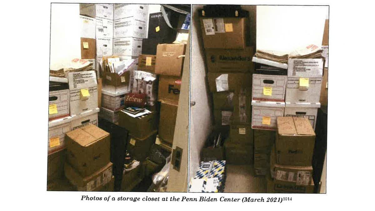 This image from Special Council Robert Hur’s investigation released by the Department of Justice on Thursday, February 8, 2024 shows the storage closet inside the Penn Biden Center in March 2021.