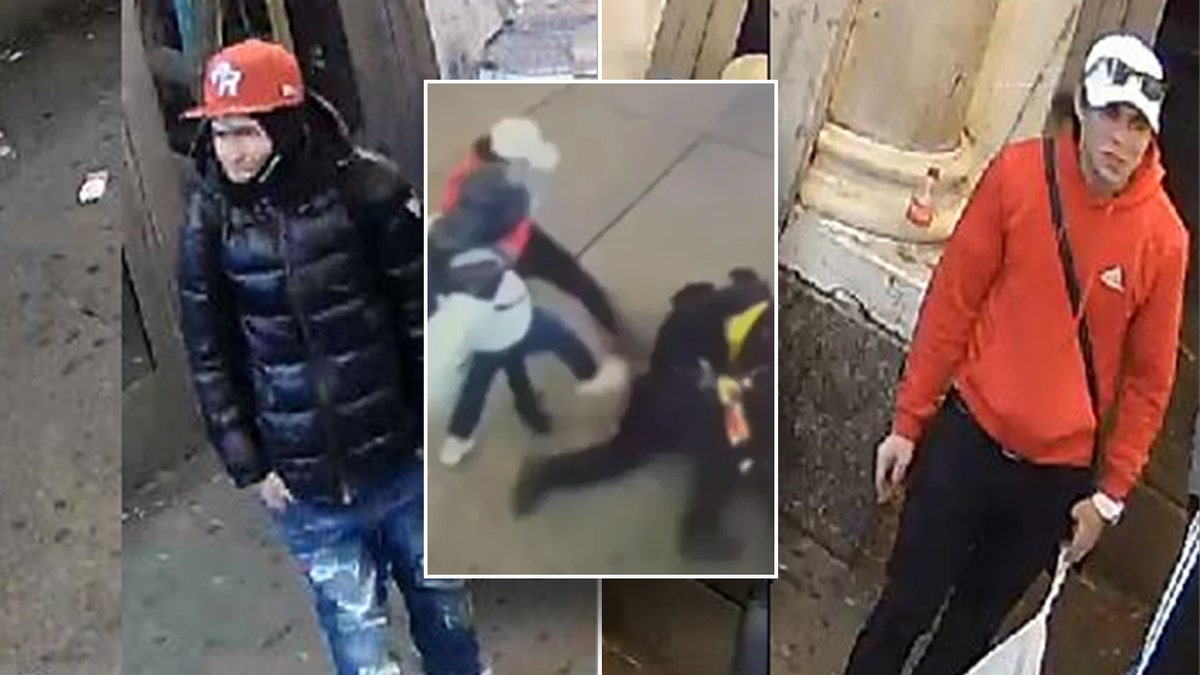 Man in black jacket, red hat, blue ripped jeans (left), inset of guys kicking cop on the ground (middle), man in red hoodie, black pants, whit hat with sunglasses on hat (right)