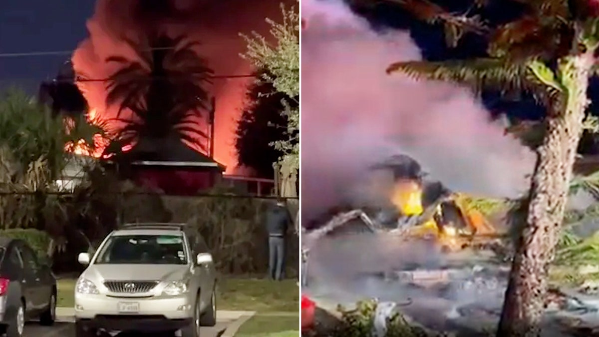 Left, fires from a small plane crash near a mobile home park in Clearwater, Florida. Right, wreckage of the plane that crashed,
