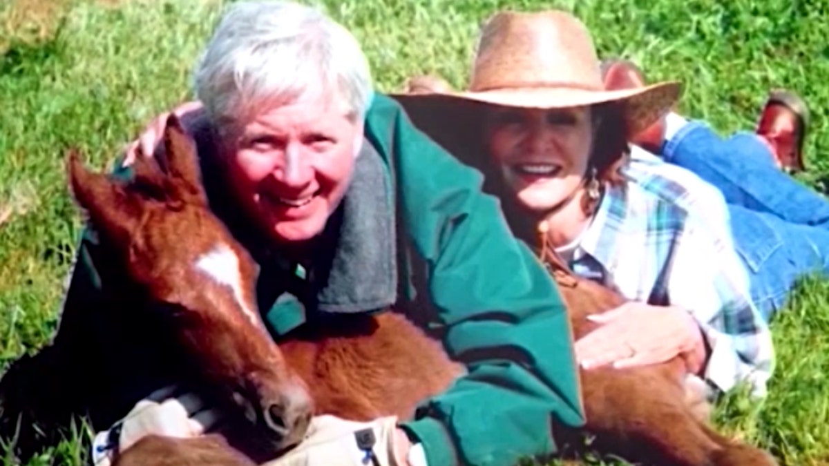 A split image of Tex McIver and Diane McIver posing with a colt