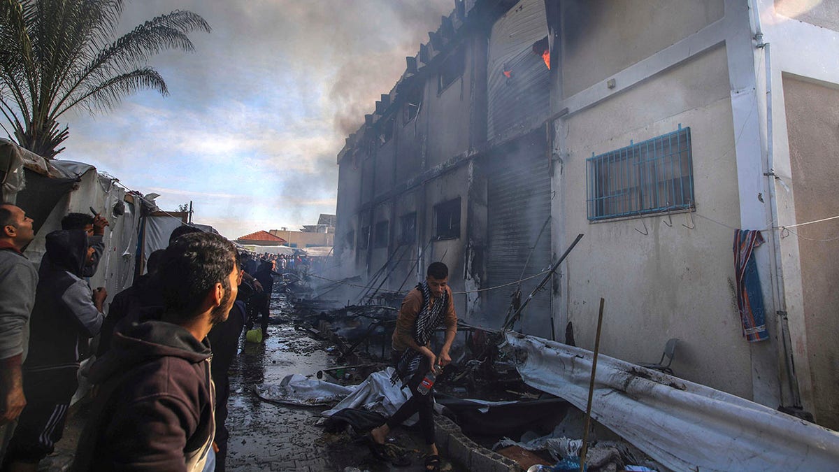 UNRWA building on fire in Gaza