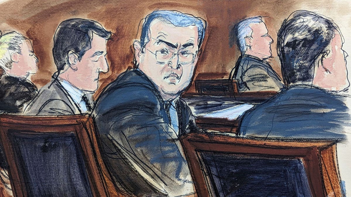 A courtroom sketch of former Honduran President Juan Orlando Hernández