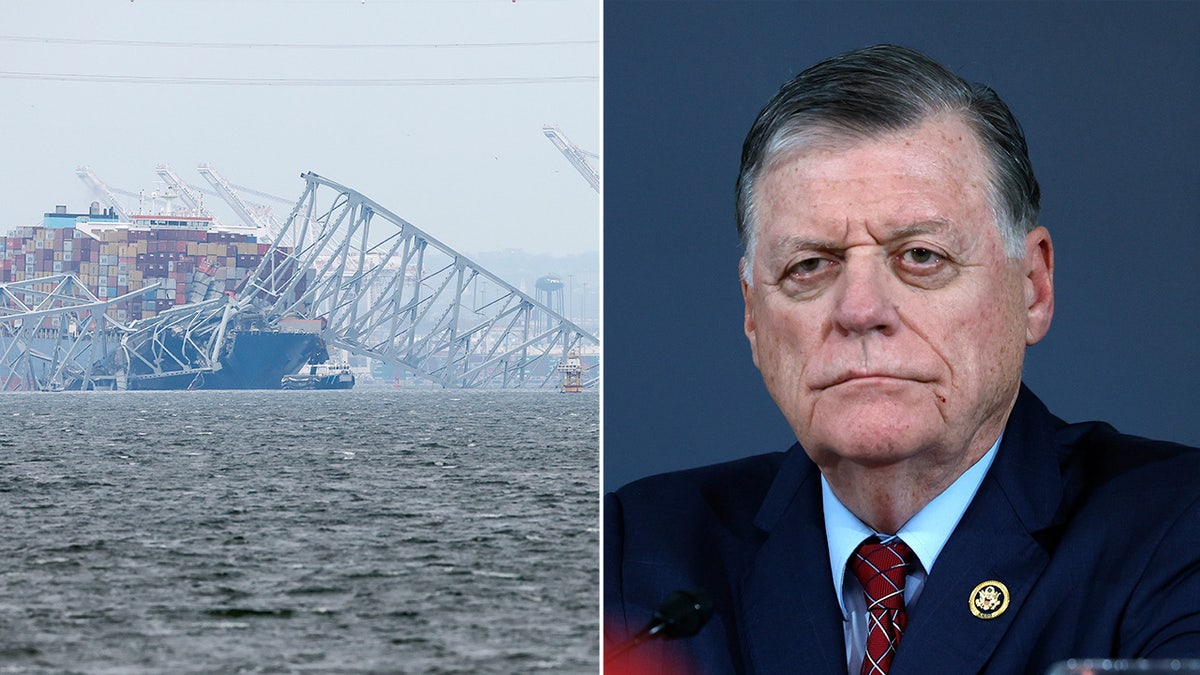A split image of House Appropriations Committee member Tom Cole, the chairman of the subcommittee on transportation, and the collapsed Francis Scott Key Bridge in Baltimore