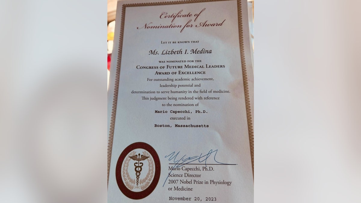A a certificate noting Lizbeth Medina's nomination for the Congress of Future Medical Leaders Award of Excellence