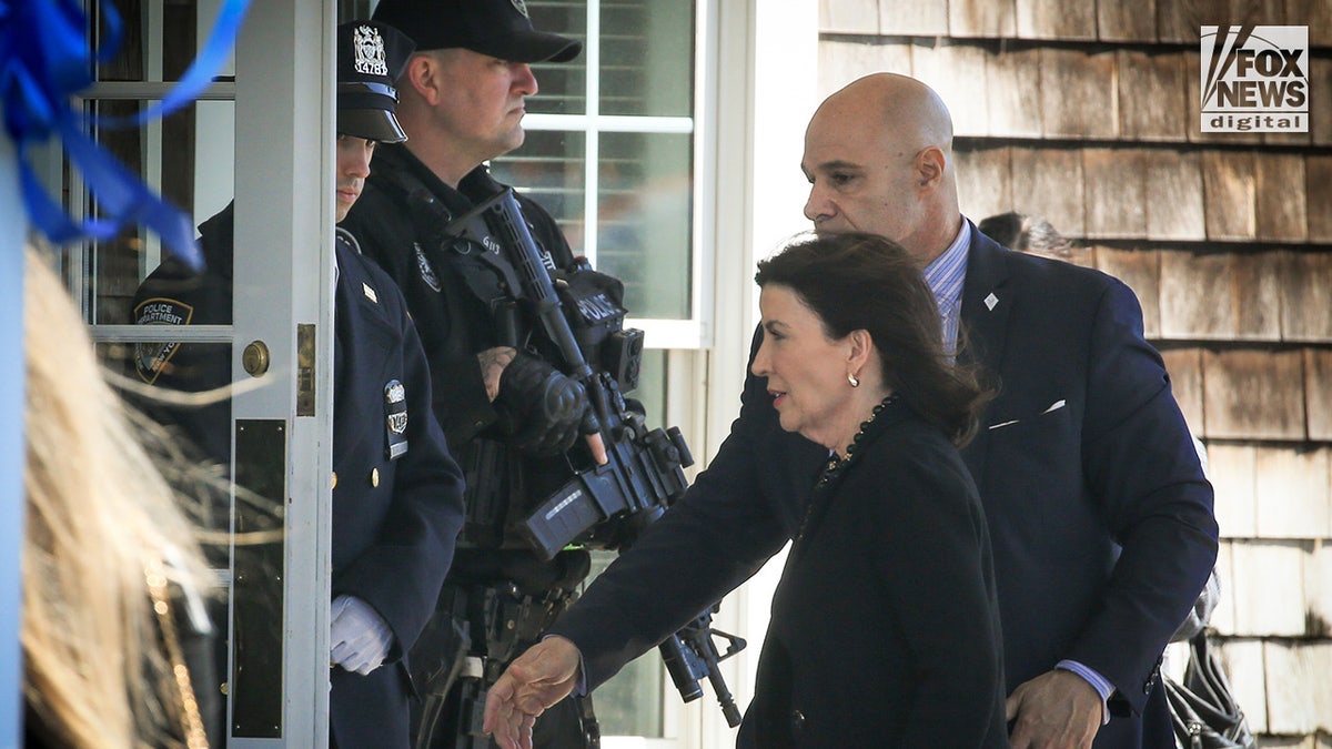 New York Governor Kathy Hochul arrives at the wake for slain NYPD officer Jonathan Diller at the Massapequa Funeral Home