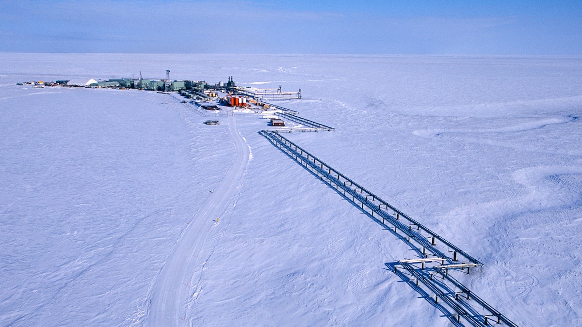An aerial view of oil development facilities in Prudhoe Bay on the North Slope of Alaska on the edge of the Arctic National Wildlife Refuge.