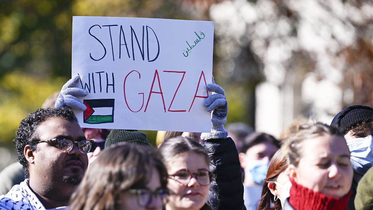 "stand with gaza" sign held up in crowd of protesters