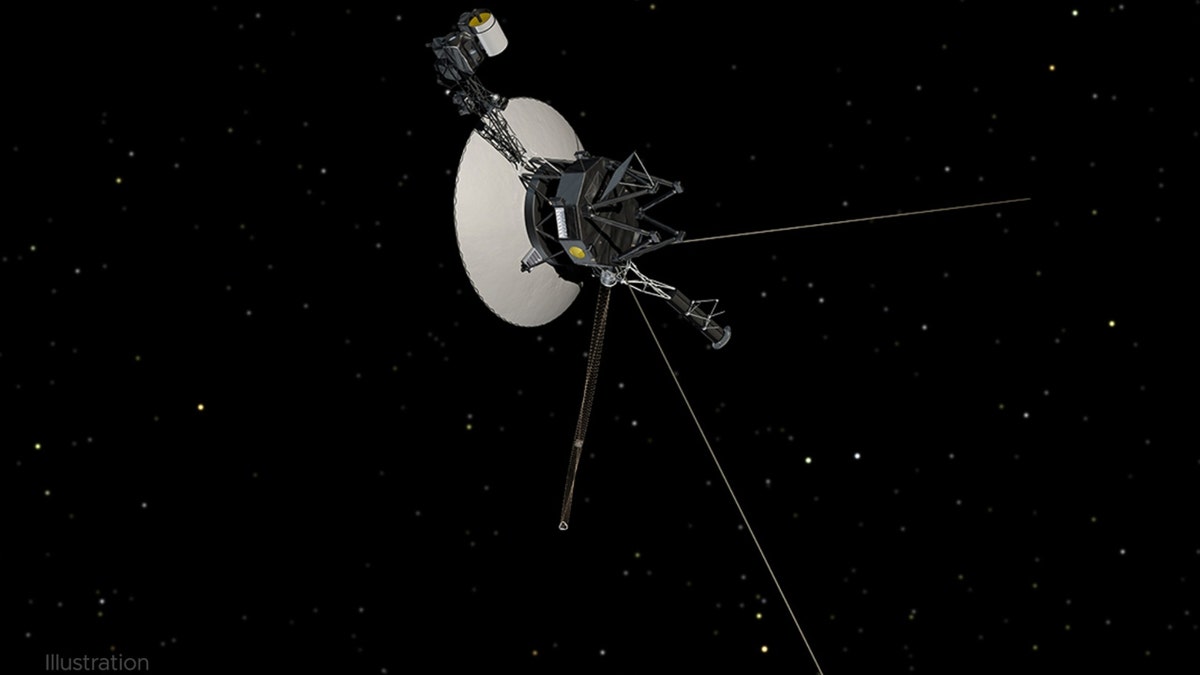 An illustration of NASA’s Voyager 1 spacecraft exploring our solar system