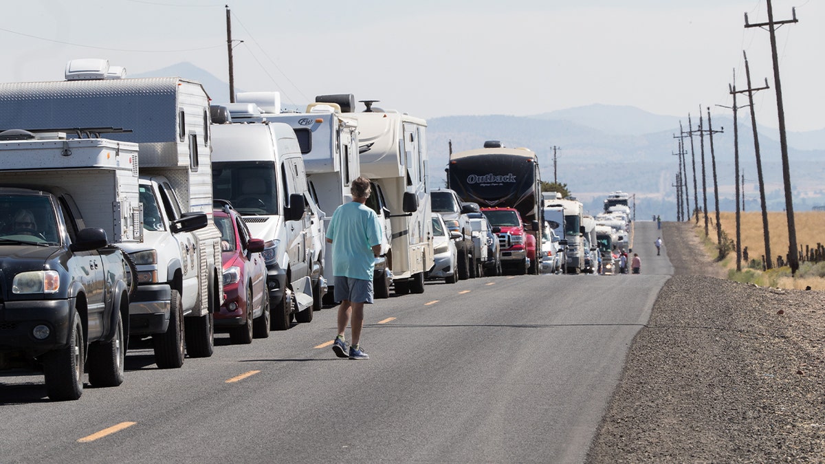RV traffic sits at a standstill along a two-lane road near Madras, Oregon, August 17, 2017