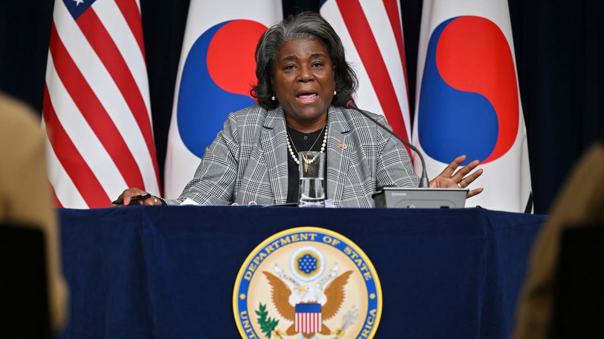 U.S. Ambassador to the United Nations Linda Thomas-Greenfield speaks during a press conference at the American Diplomacy House in Seoul in front of American and South Korean flags.