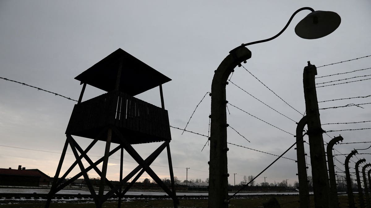 A wooden guard tower silhouetted against a gray sky at Auschwitz II-Birkenau