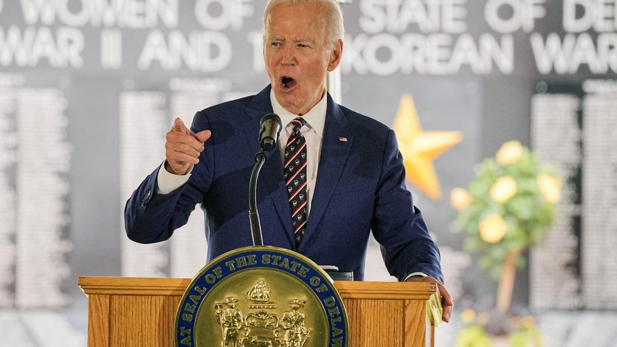 Former U.S. President Joe Biden speaks during a ceremony, at Veterans Memorial Park, in New Castle, Delaware, U.S. May 30, 2025. 