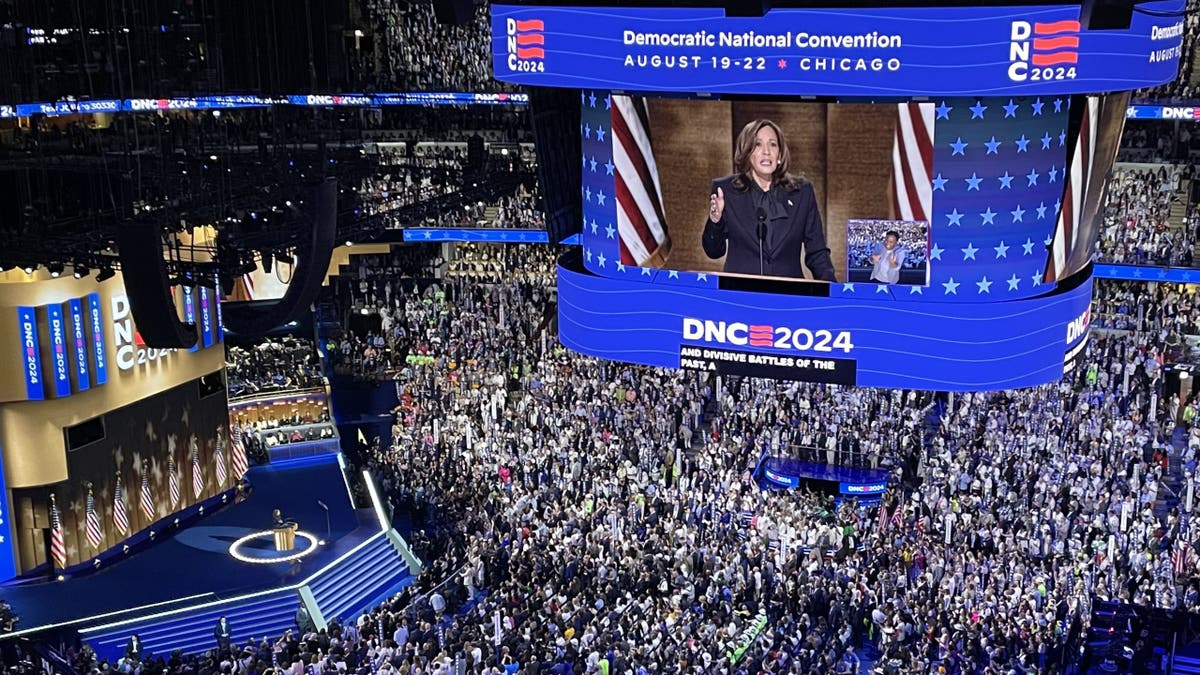 Then-Vice President Kamala Harris delivers her presidential nomination acceptance speech at the Democratic National Convention on Aug. 22, 2024 in Chicago.