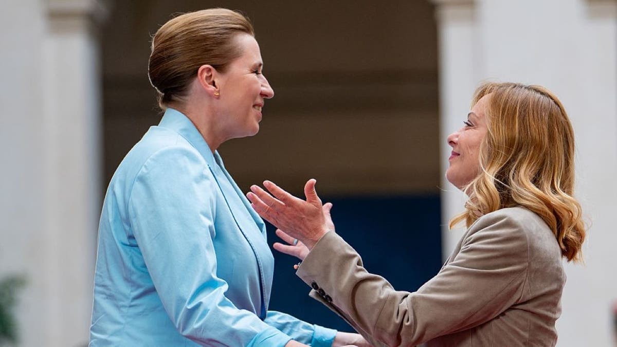Italy's Prime Minister, Giorgia Meloni, welcomes Denmark's Prime Minister, Mette Frederiksen, at Palazzo Chigi before their meeting in Rome, Italy, on May 22, 2025. (Photo by Massimo Valicchia/NurPhoto via Getty Images)