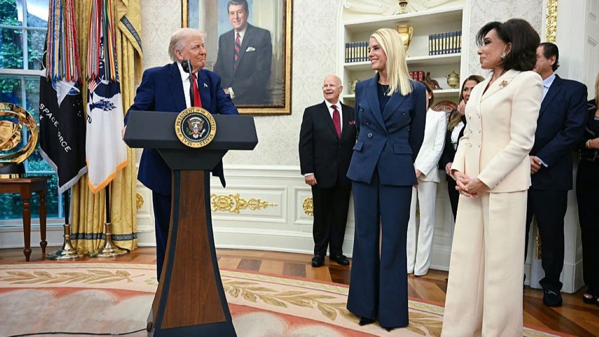 US President Donald Trump speaks during a swearing in ceremony for Interim Attorney for the District of Columbia, Jeanine Pirro (R), as US Attorney General Pam Bondi (C) looks on in the Oval Office of the White House in Washington, DC, on May 28, 2025. (Photo by Jim WATSON / AFP) (Photo by JIM WATSON/AFP via Getty Images)
