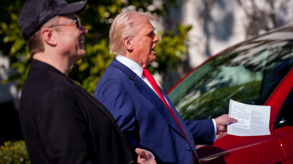 WASHINGTON, DC - MARCH 11: U.S. President Donald Trump, accompanied by White House Senior Advisor, Tesla and SpaceX CEO Elon Musk (L), speaks alongside a Tesla Model Y on the South Lawn of the White House on March 11, 2025 in Washington, DC. Trump spoke out against calls for a boycott of Elon Musk's companies and said he would purchase a Tesla vehicle in what he calls a 'show of confidence and support' for Elon Musk. (Photo by Andrew Harnik/Getty Images)