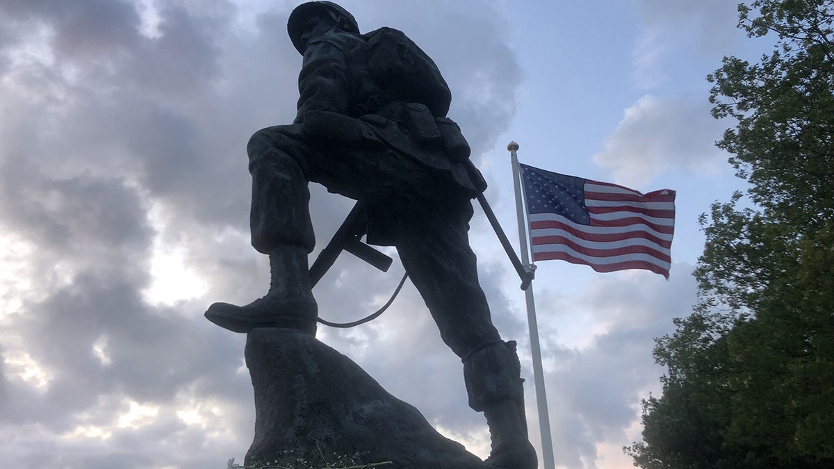 statue in Normany, US flag