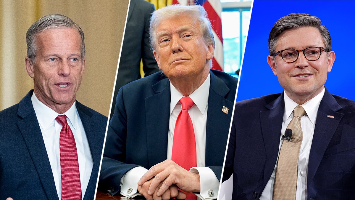 Trump center, Thune and Johnson on left, right