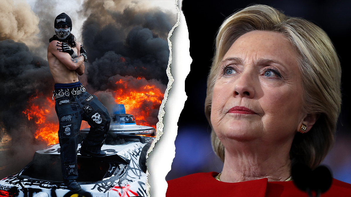 Hillary Clinton, right; rioter in LA, left